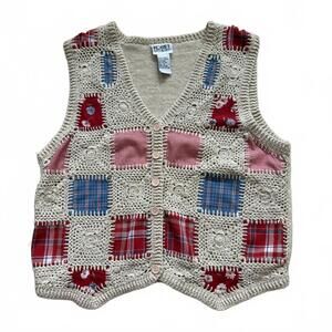 Vintage Crochet Knit Patchwork Vest Granny Cottagecore Fourth of July 4th Small